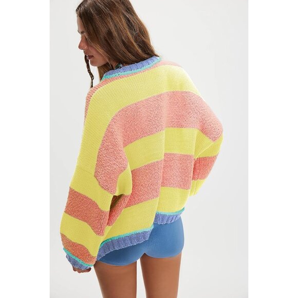 Knit Sweater Women's Oversized Striped Color Block Fall Long Sleeve Crewneck - Picture 5 of 6